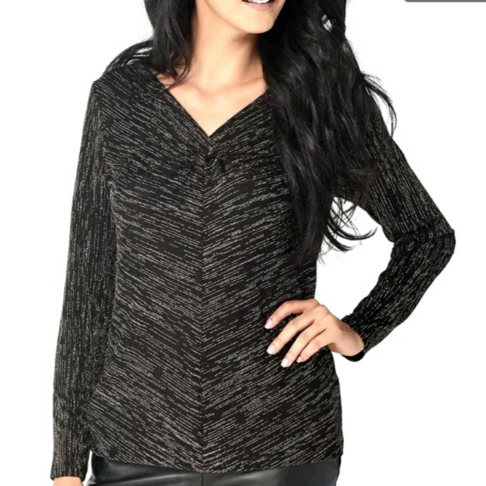 Belle by Kim Gravel QVC Size S Black metallic thread Stretch Top